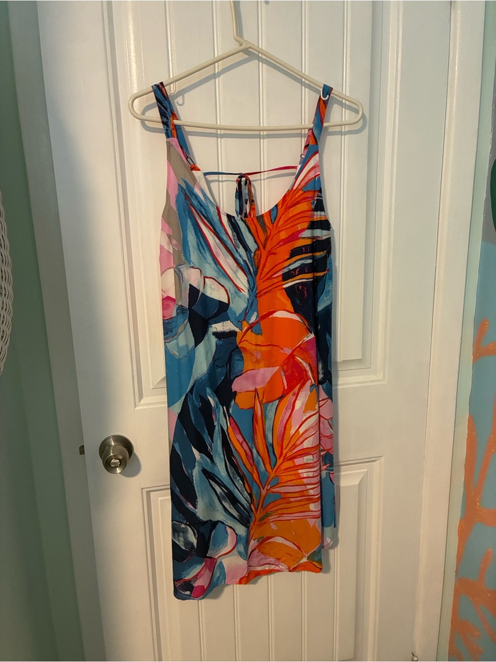 Nic-Zoe Tropical Print Slip Dress in Bright Blue & Orange 
Tie back, slit sides,